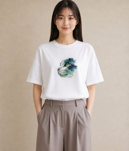 デザインTシャツ レディース ぶち猫 猫 ねこ イラスト ラフ 親子 20代 白T