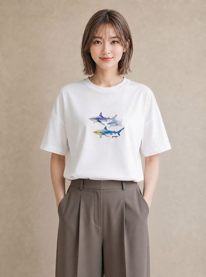 Tシャツ レディース ジンベエザメ 海の生き物 海 イラスト ユニーク 公園 ママ 白T