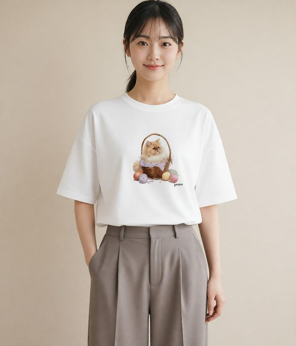 デザインTシャツ レディース ペルシャ 猫 ねこ イラスト 個性的 送別ギフト 通勤 白T