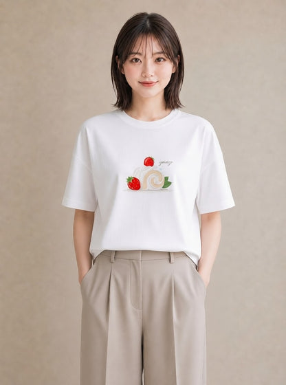 Tシャツ レディース ショートケーキ 食べ物 フード イラスト ユニーク デート 帰省 白T