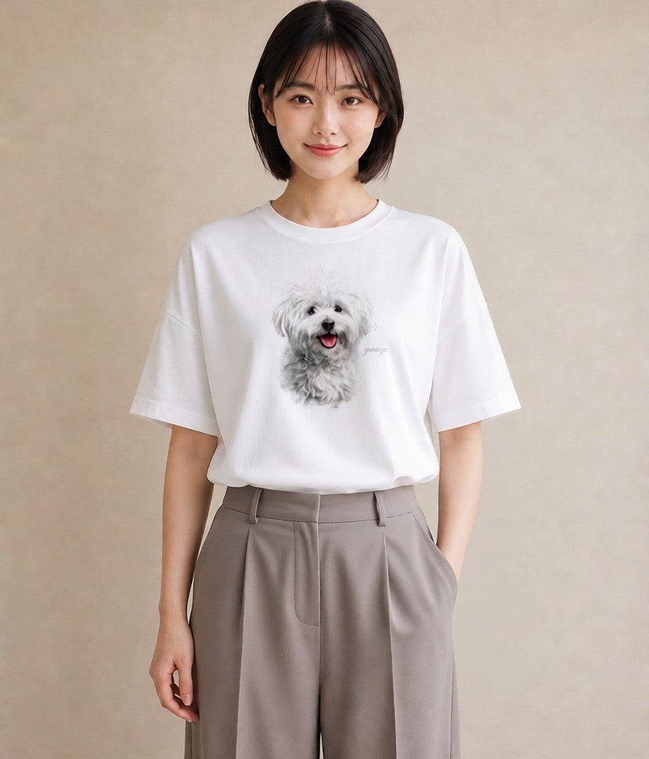 半袖Tシャツ レディース ビションフリーゼ 犬 いぬ イラスト ニュアンス 公園 ママ 白T