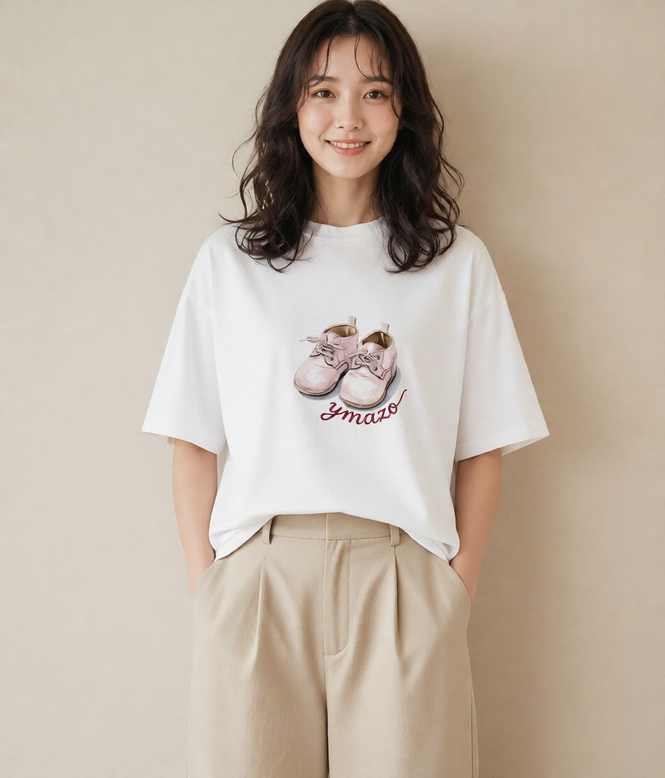 プリントTシャツ レディース バレエシューズ バレエ トウシューズ ナチュラル アンティーク イラスト ゆるコーデ 帰省 ラフ 白T