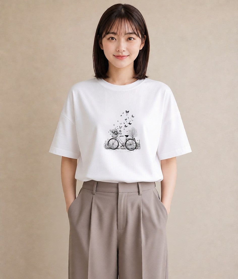 Tシャツ レディース 自転車のかご 自転車 花かご ナチュラル アンティーク イラスト 韓国風 散歩 お出かけ 白T