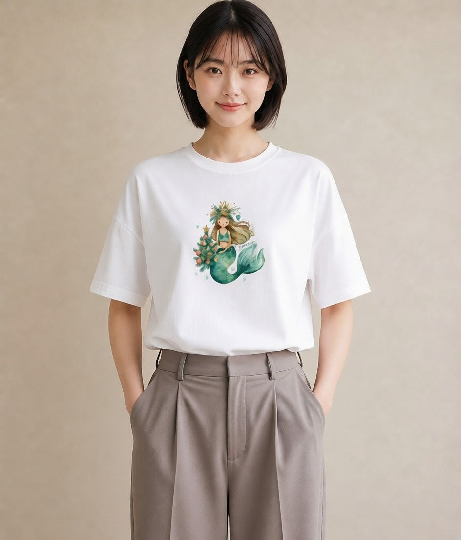 プリントTシャツ レディース 人魚 海の生き物 海 イラスト 個性的 通学 誕生日プレゼント 白T