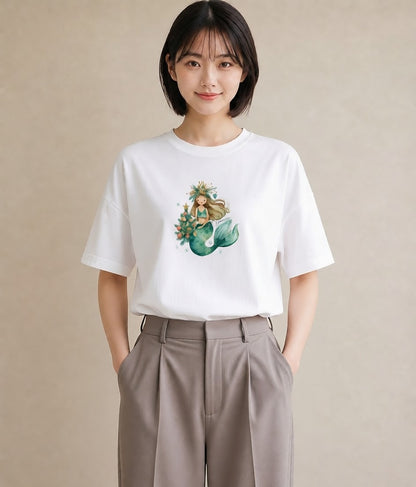 プリントTシャツ レディース 人魚 海の生き物 海 イラスト 個性的 通学 誕生日プレゼント 白T