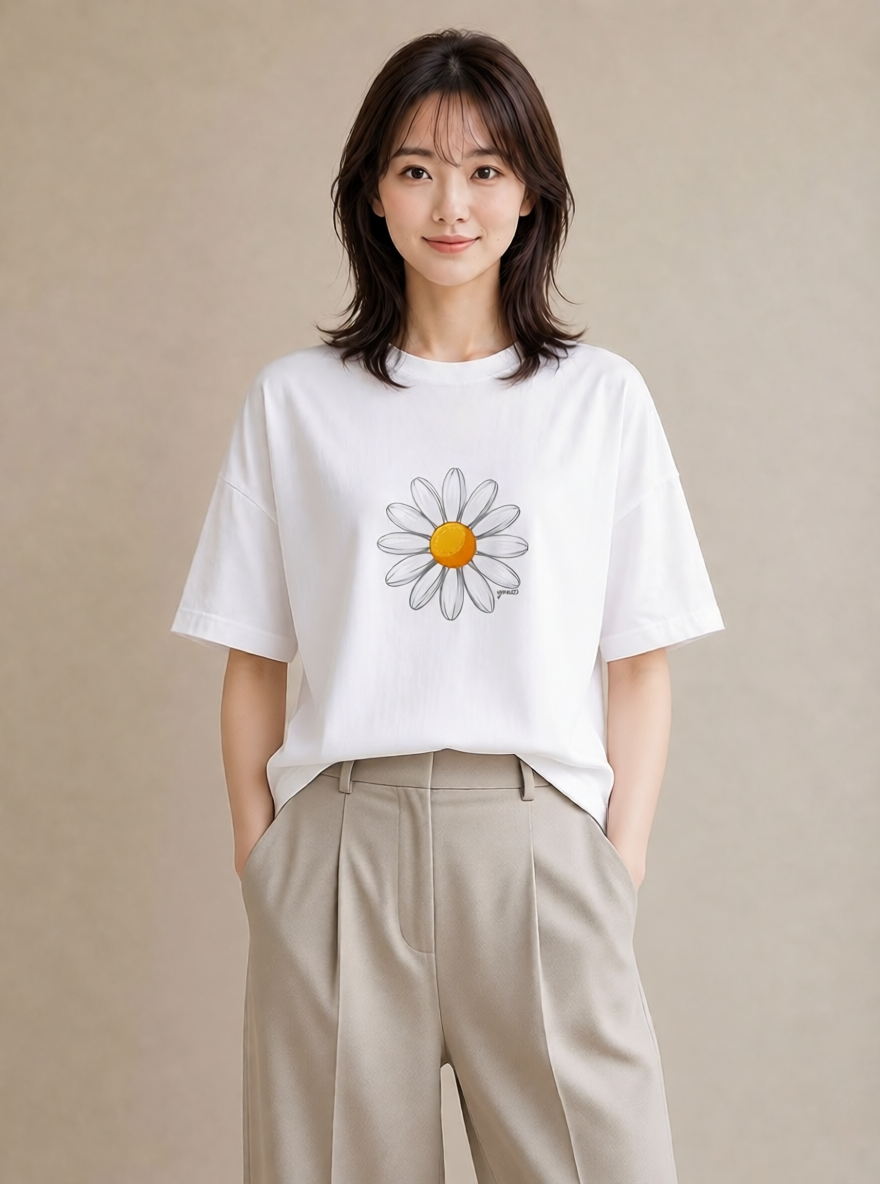 グラフィックTシャツ レディース マーガレット 花 花柄 イラスト 淡色 ラフ レイヤード 白T