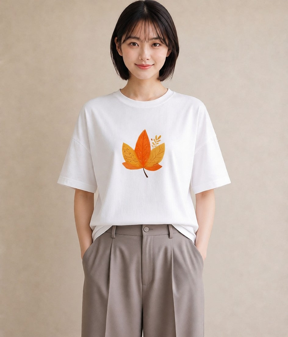 デザインTシャツ レディース 落ち葉 植物 ボタニカル イラスト 旅行コーデ 母娘コーデ 自分用 白T