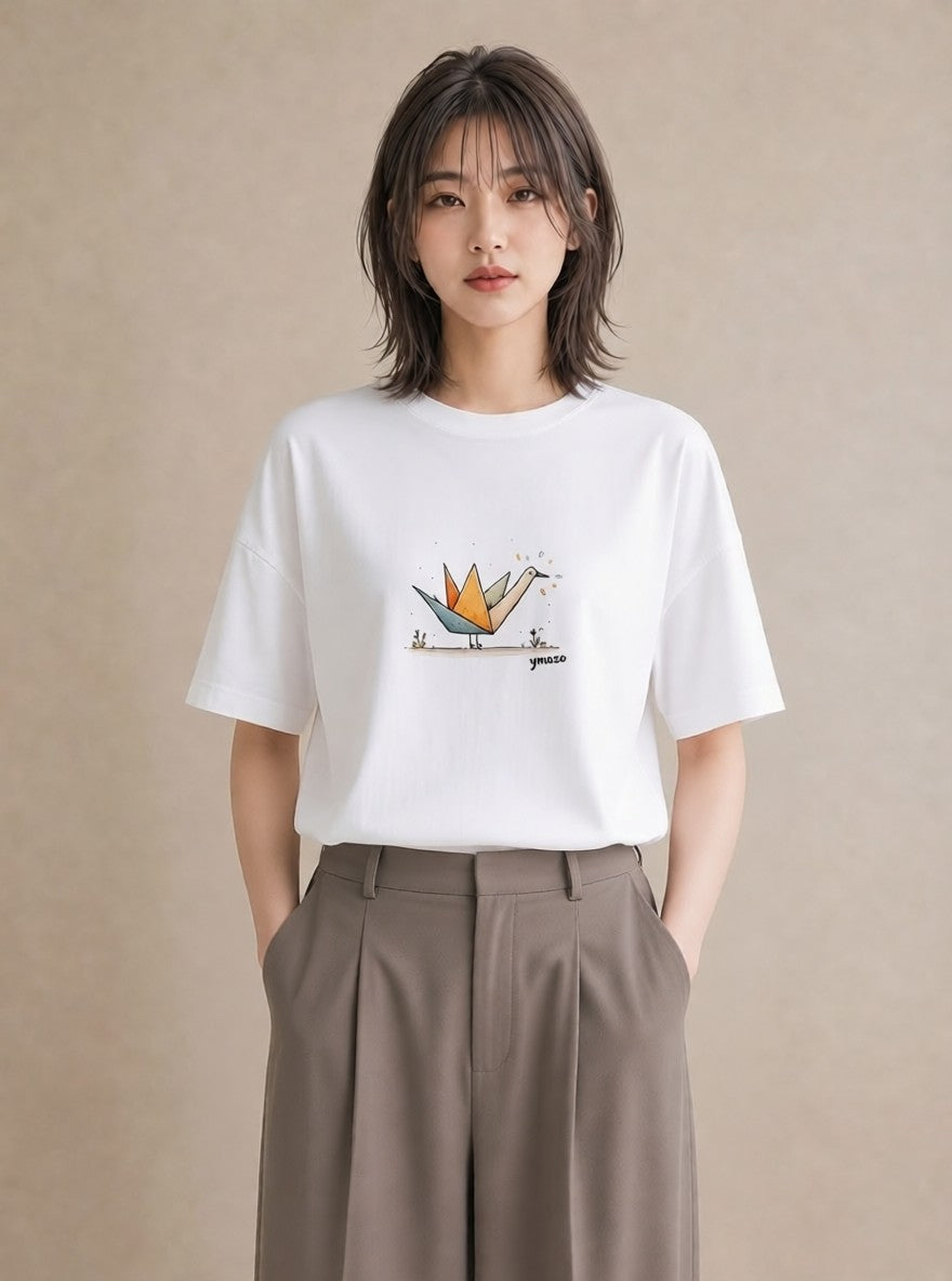 デザインTシャツ レディース 折り鶴 折り紙 ナチュラル アンティーク イラスト アート風 公園 ママ 白T