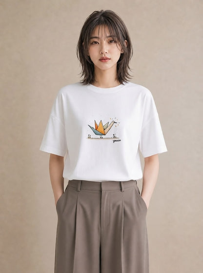 デザインTシャツ レディース 折り鶴 折り紙 ナチュラル アンティーク イラスト アート風 公園 ママ 白T