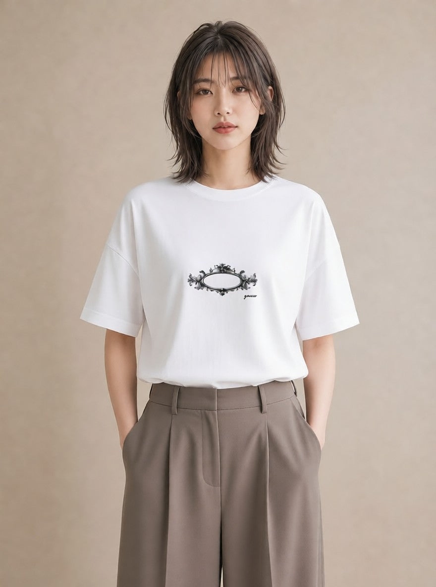 デザインTシャツ レディース 手鏡 アンティーク レトロ ナチュラル イラスト 手描き風 通学 誕生日プレゼント 白T