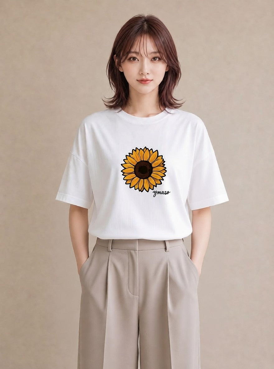 半袖Tシャツ レディース ひまわり 向日葵 花 花柄 イラスト ナチュラル 送別ギフト 通勤 白T