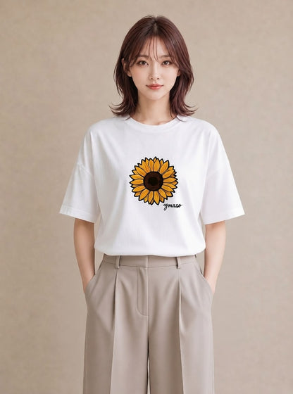 半袖Tシャツ レディース ひまわり 向日葵 花 花柄 イラスト ナチュラル 送別ギフト 通勤 白T
