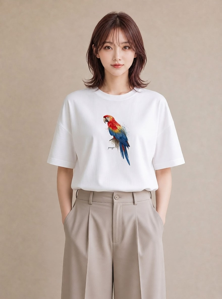 半袖Tシャツ レディース インコ ペット 動物 イラスト アート風 女性向けギフト 散歩 白T