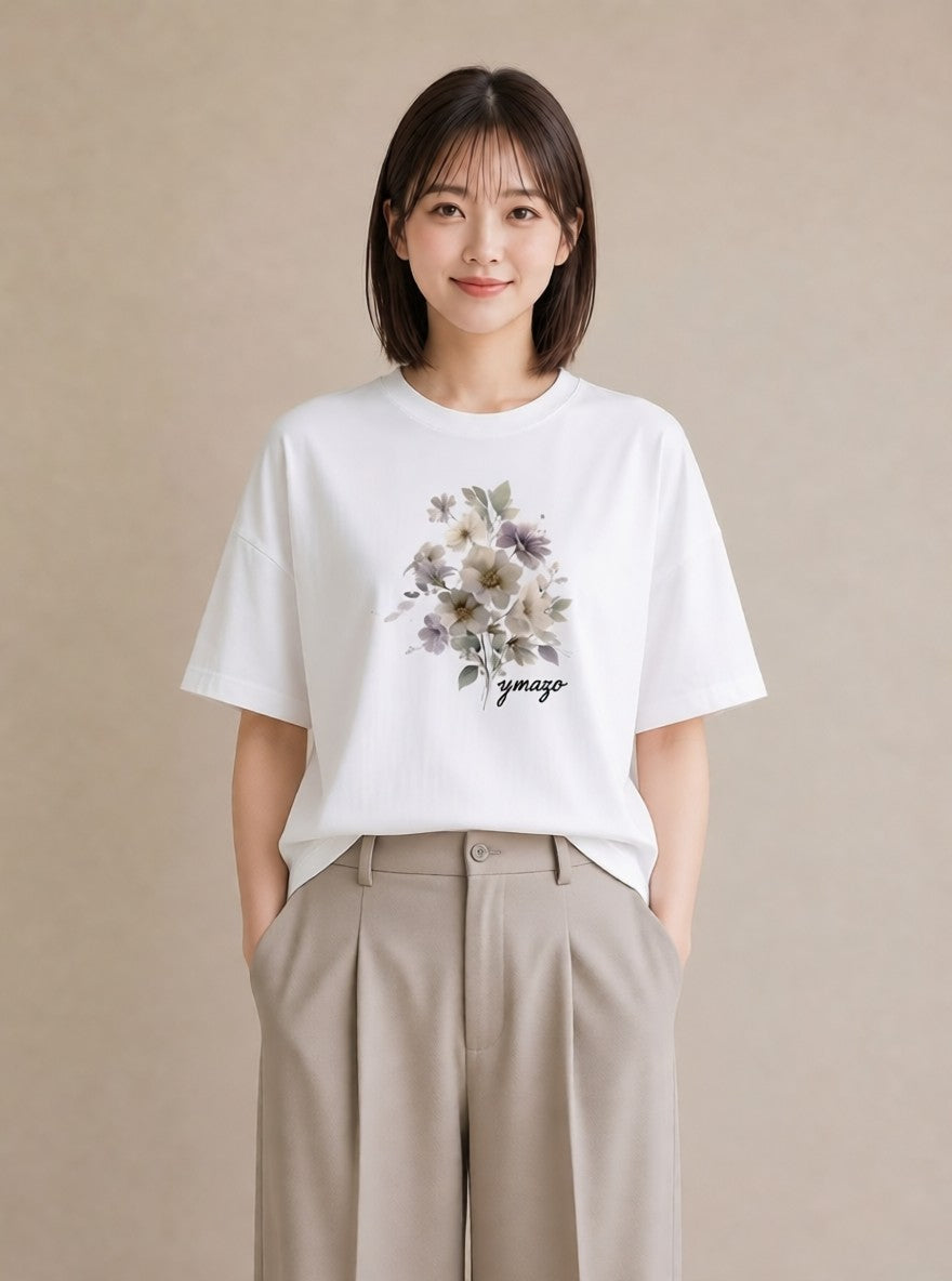 プリントTシャツ レディース 花 花柄 イラスト 買い物 夏コーデ 白T