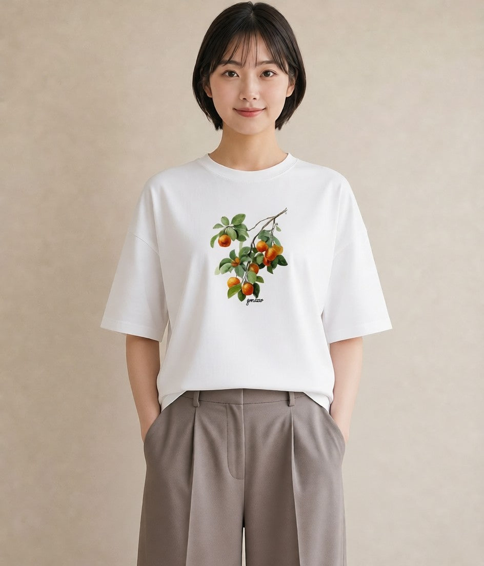 半袖Tシャツ レディース みかん 食べ物 フード イラスト カジュアル 綿100 デート 白T