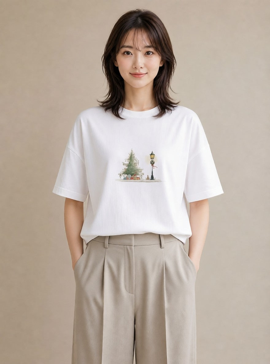 Tシャツ レディース 街灯 夜霧 夜 ナチュラル アンティーク イラスト フェミニン デイリーウェア 休日 白T