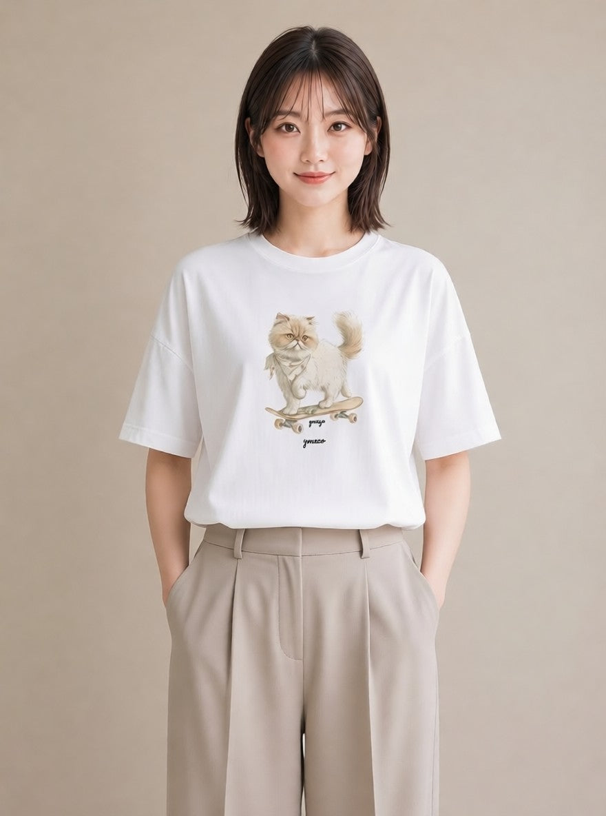 デザインTシャツ レディース エキゾチックショートヘア 猫 ねこ イラスト シンプル 通勤 在宅 白T