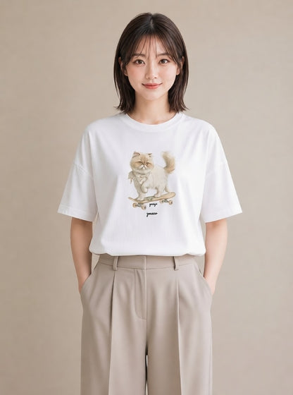 デザインTシャツ レディース エキゾチックショートヘア 猫 ねこ イラスト シンプル 通勤 在宅 白T
