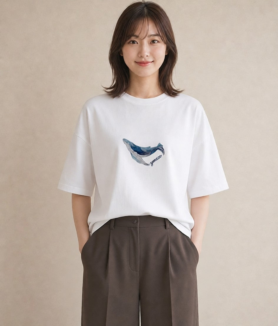 デザインTシャツ レディース クジラ 海の生き物 海 イラスト シンプル 休日 ペアコーデ 白T