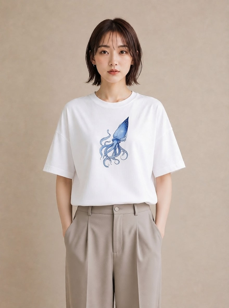 プリントTシャツ レディース タコ 海の生き物 海 イラスト モード 普段着 週末コーデ 白T