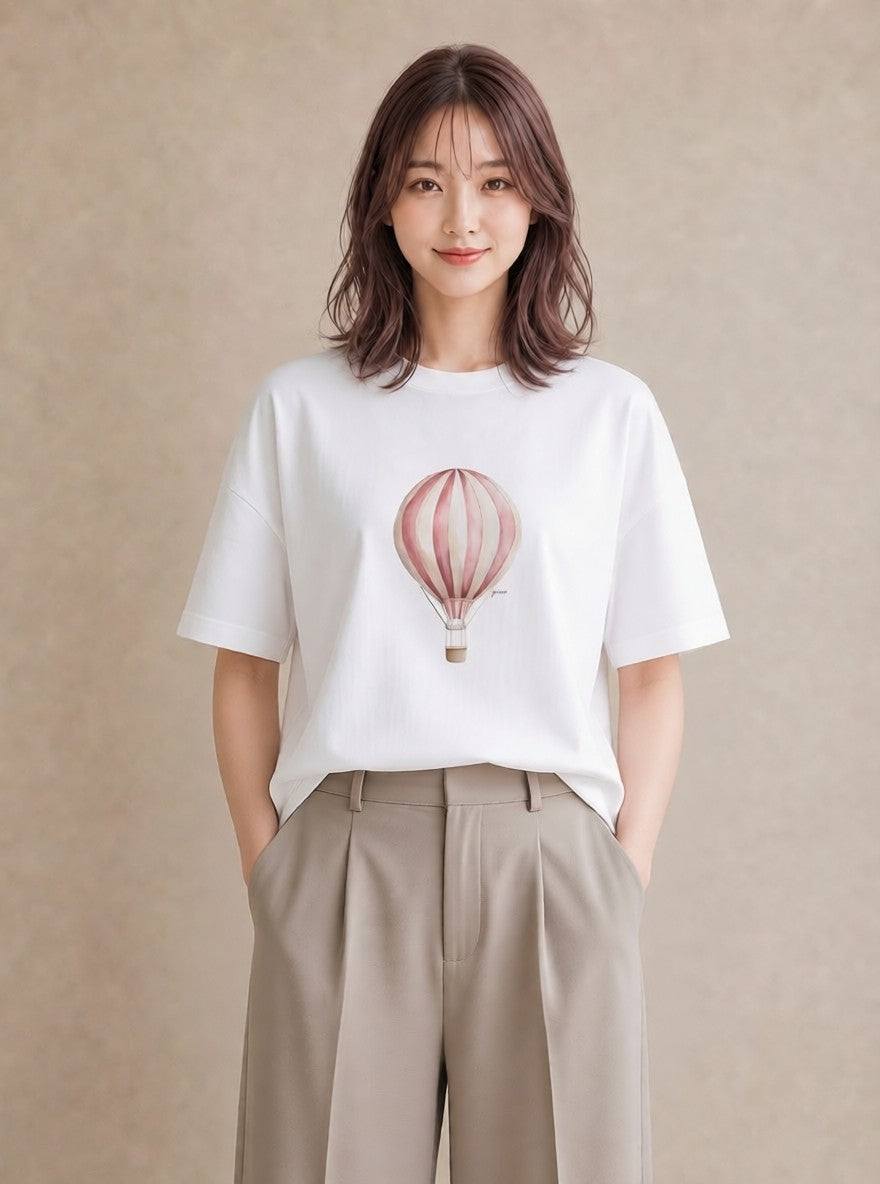 プリントTシャツ レディース 紙風船 和紙 ナチュラル アンティーク イラスト ポップ 帰省 ラフ 白T