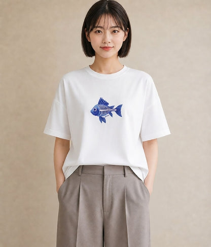 Tシャツ レディース 熱帯魚 ペット 動物 イラスト きれいめカジュアル 綿100 デート 白T