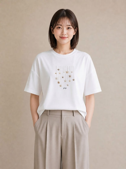プリントTシャツ レディース スター 星空 宇宙 イラスト カジュアル 帰省 ラフ 白T