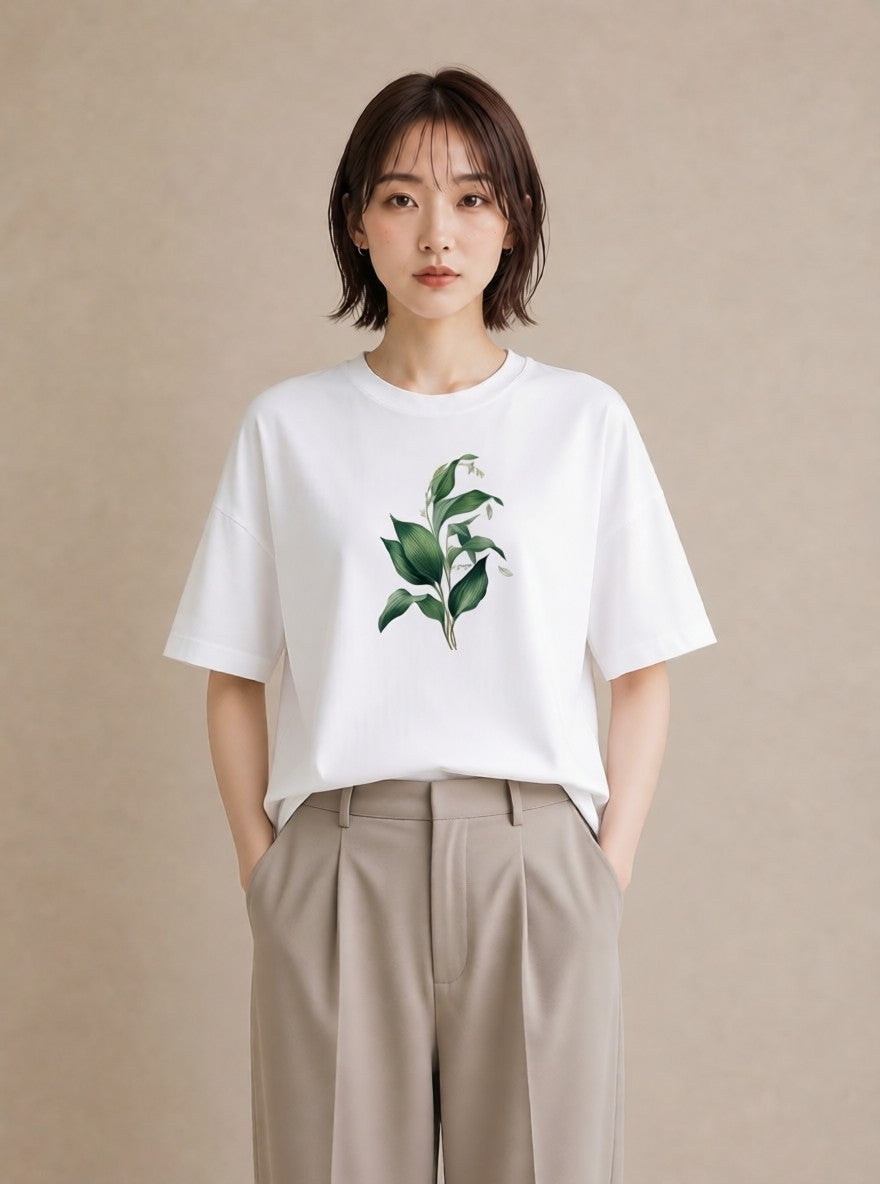 半袖Tシャツ レディース すずらん 花 花柄 イラスト レトロ 帰省 ラフ 白T