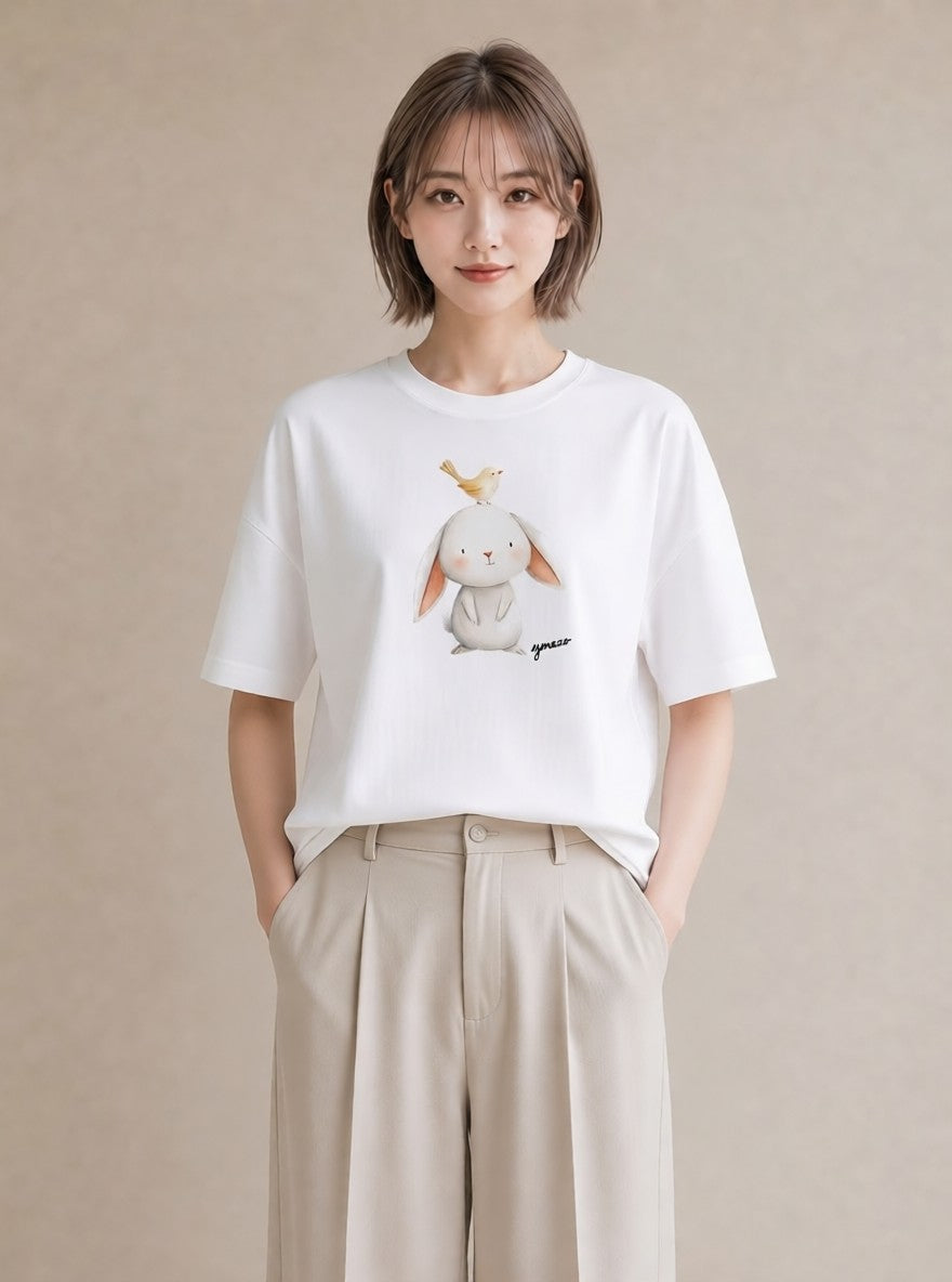 半袖Tシャツ レディース ミニうさぎ ペット 動物 イラスト 北欧風 週末コーデ 敬老の日 白T