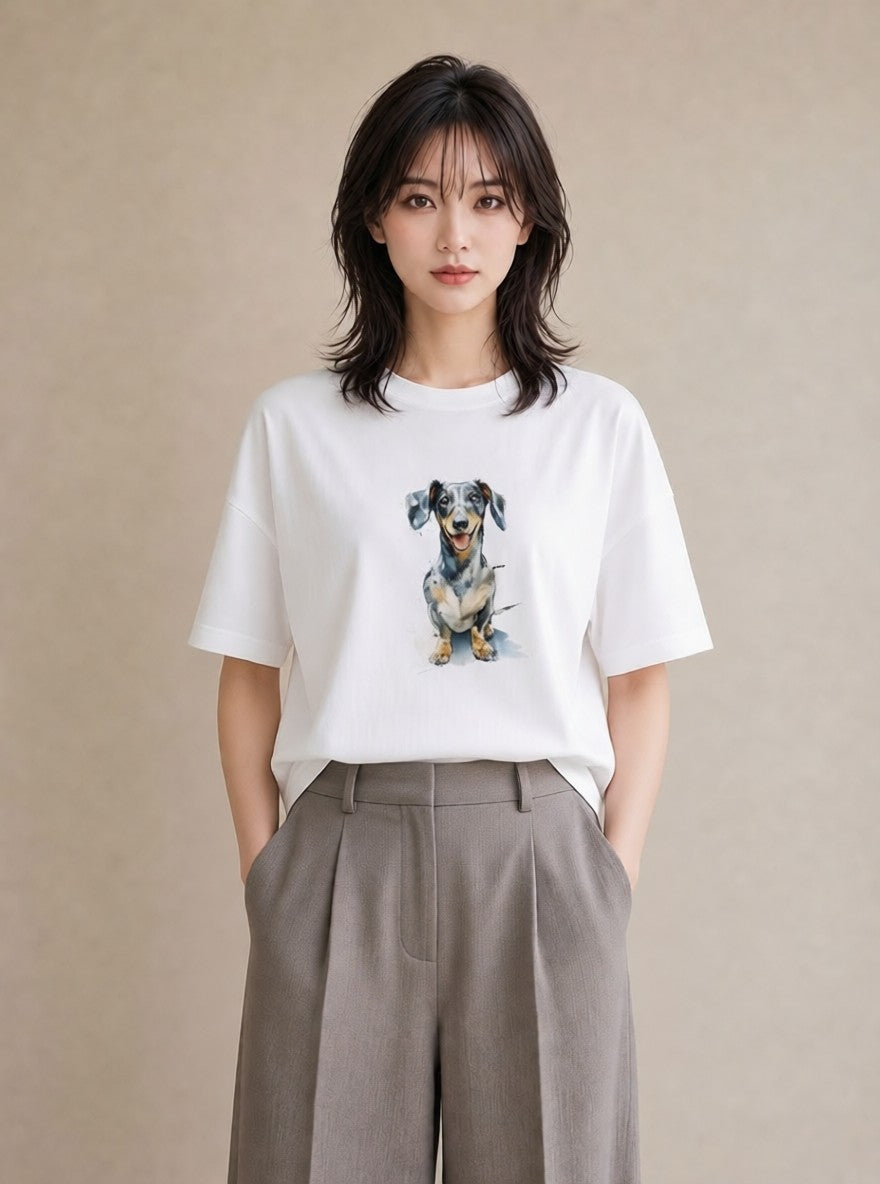 半袖Tシャツ レディース 老犬 犬 いぬ イラスト 北欧風 ママ カフェ服 白T