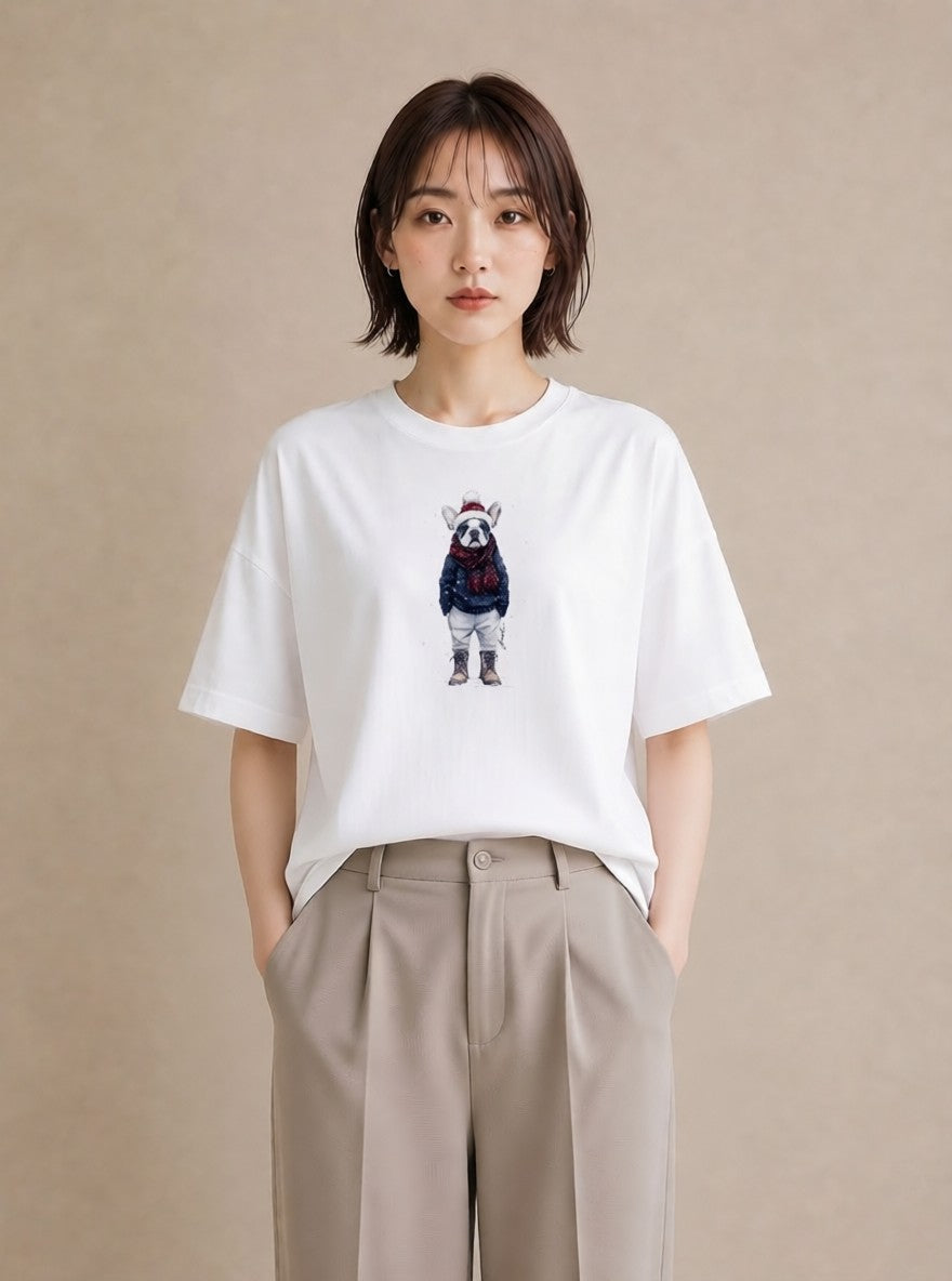 グラフィックTシャツ レディース フレンチブルドッグ フレブル 犬 いぬ イラスト ミニマル 散歩 お出かけ 白T