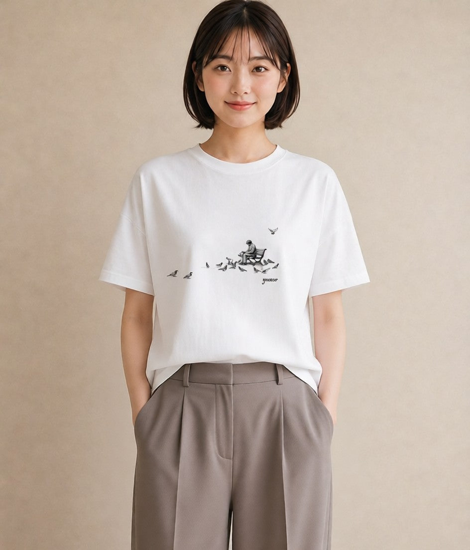 グラフィックTシャツ レディース 雨上がりのベンチ ベンチ ナチュラル アンティーク イラスト 旅行コーデ 公園 ママ 白T