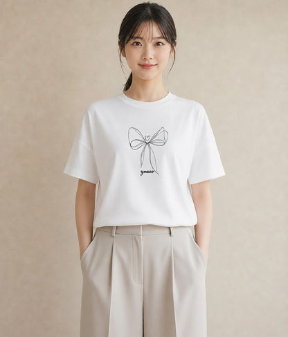 Tシャツ レディース リボン ボウ りぼん イラスト 線画 夏コーデ 通学 白T