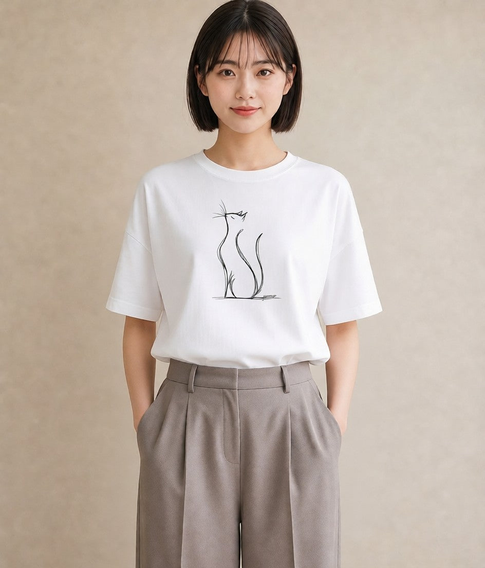 Tシャツ レディース 猫 ねこ ネコ イラスト 友達ギフト 部屋着 白T