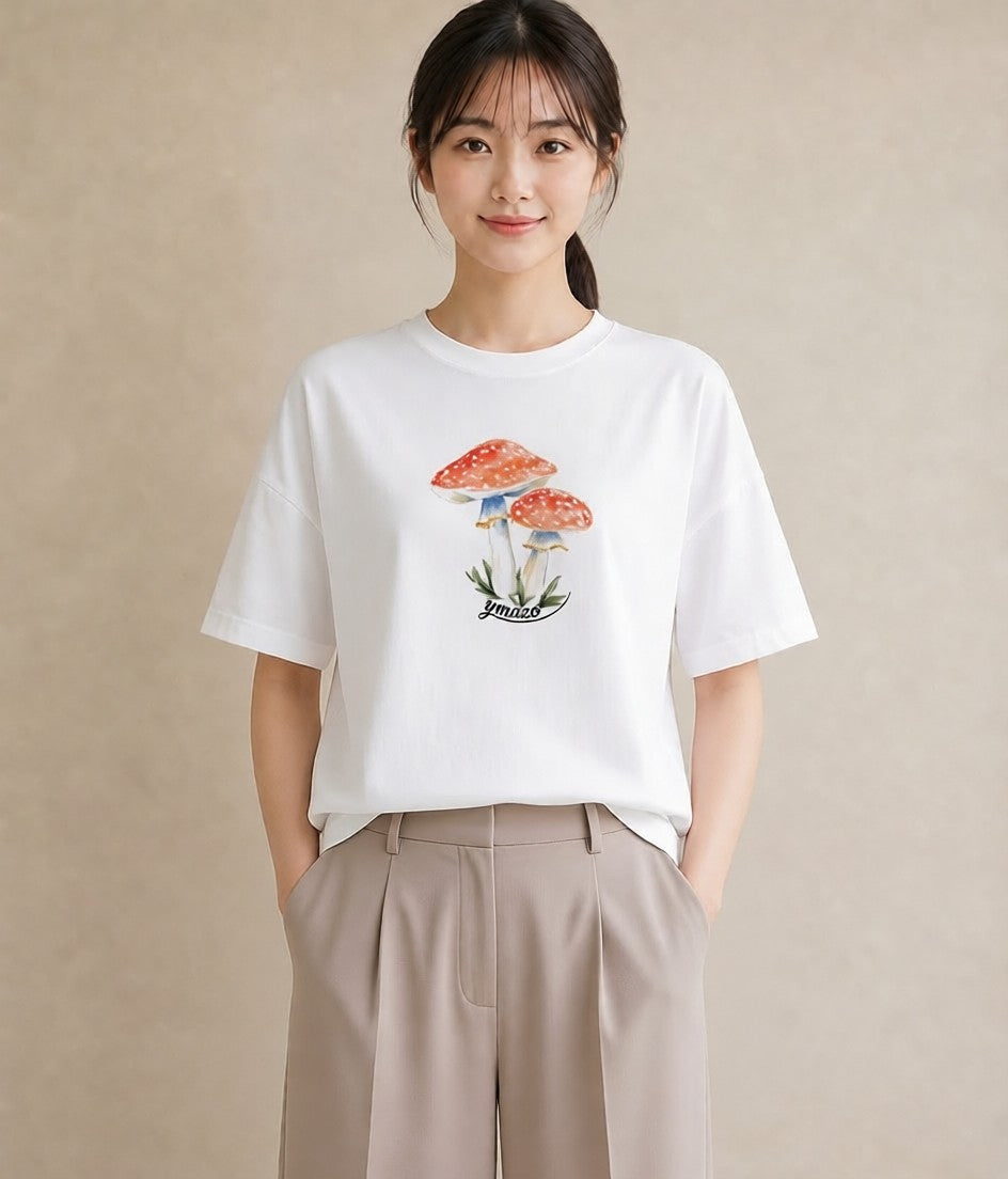 グラフィックTシャツ レディース きのこ 植物 ボタニカル イラスト 可愛い ホワイトデー 春服 白T