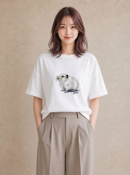 半袖Tシャツ レディース フェレット ペット 動物 イラスト 北欧風 デイリーウェア 休日 白T