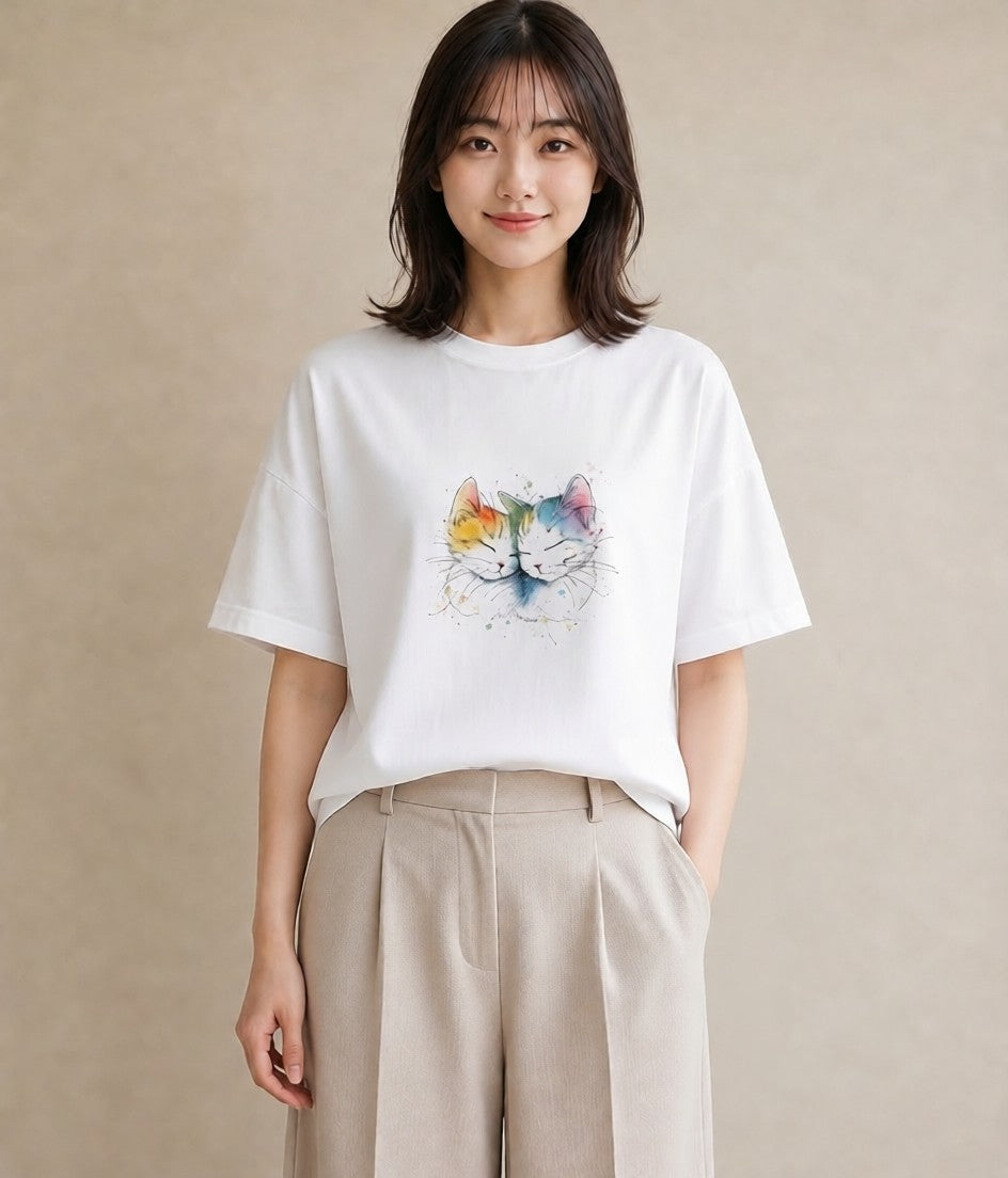 Tシャツ レディース 猫好き 猫 ねこ イラスト 友達ギフト 部屋着 白T