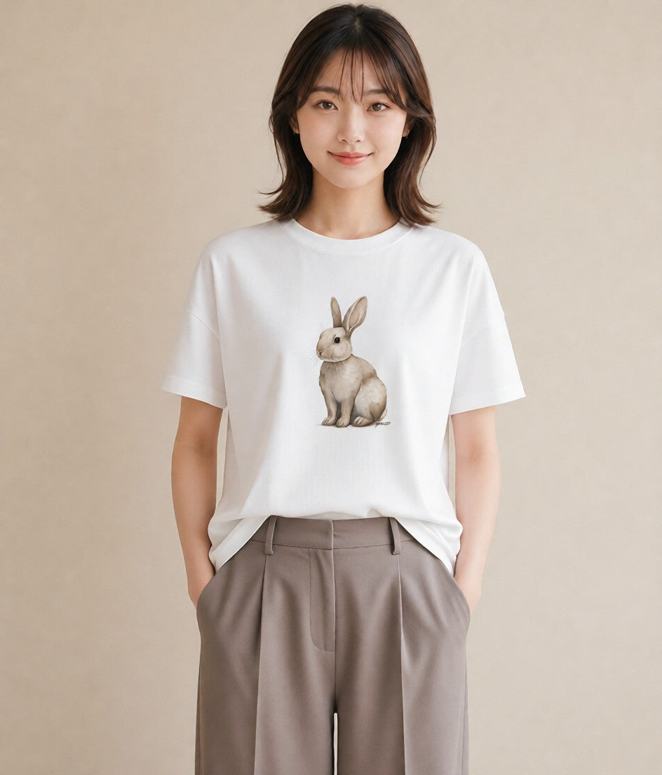 半袖Tシャツ レディース ネザーランドドワーフ ペット 動物 イラスト 手描き風 社会人 女性 白T
