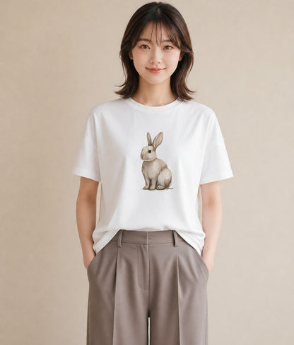 半袖Tシャツ レディース ネザーランドドワーフ ペット 動物 イラスト 手描き風 社会人 女性 白T
