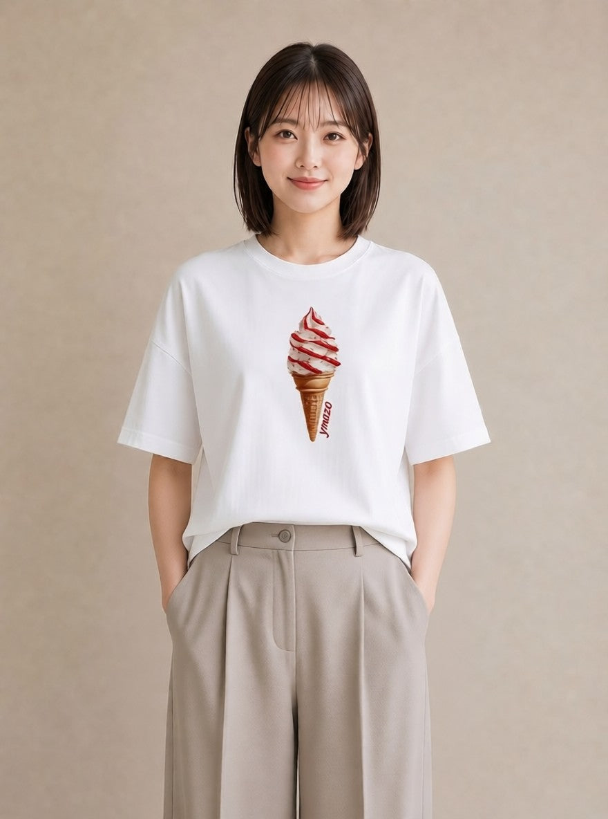 半袖Tシャツ レディース ソフトクリーム 食べ物 フード イラスト 上品 春コーデ 姉妹 白T
