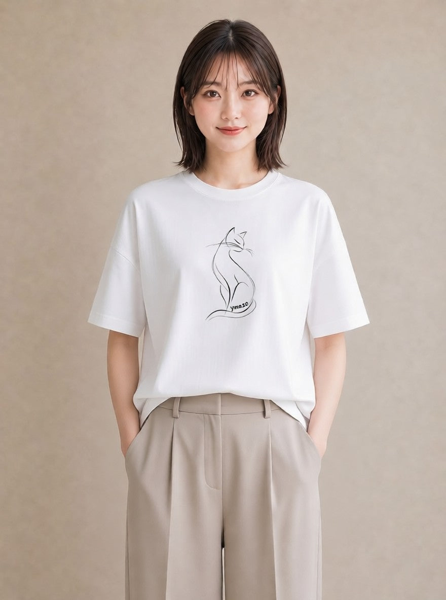 デザインTシャツ レディース 猫 ねこ ネコ イラスト 韓国風 夏コーデ 通学 白T