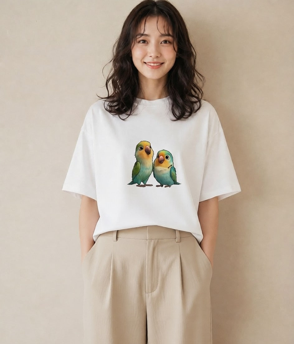 半袖Tシャツ レディース コザクラインコ ペット 動物 イラスト ラフ デイリーウェア 休日 白T