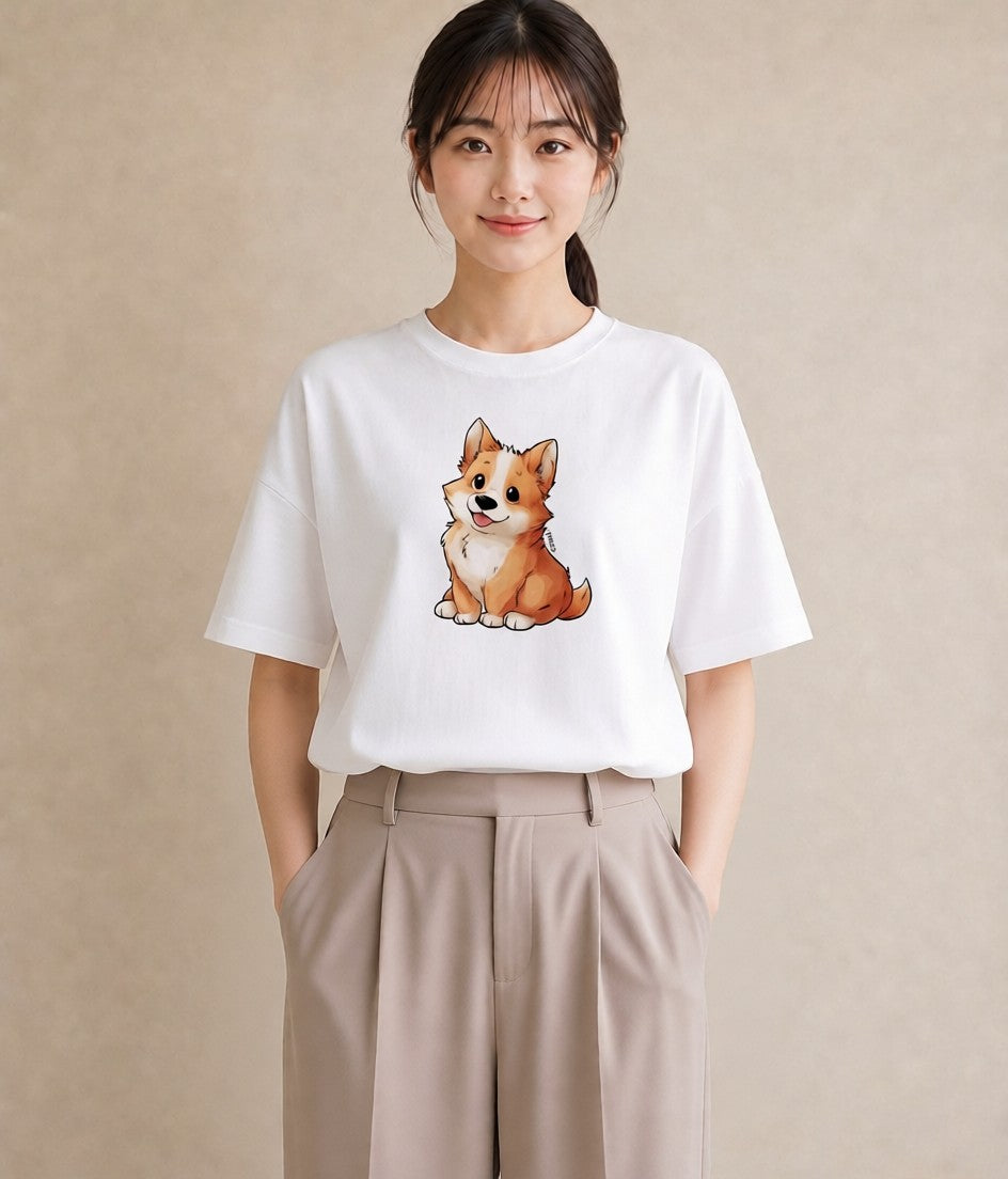 デザインTシャツ レディース ウェルシュコーギー コーギー 犬 いぬ イラスト レトロ 普段着 週末コーデ 白T
