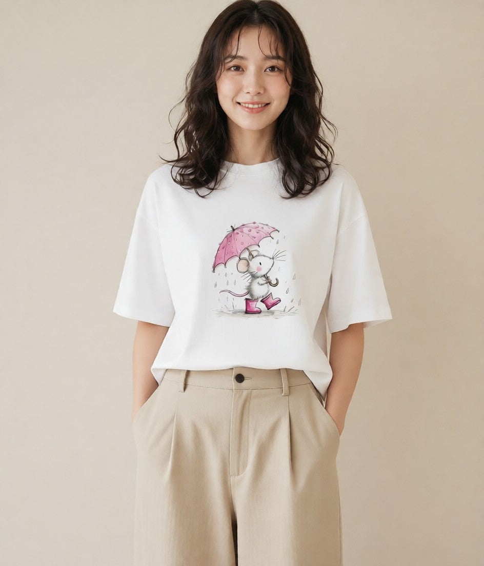 デザインTシャツ レディース 傘 水たまり 雨 ナチュラル アンティーク イラスト お洒落 通学 誕生日プレゼント 白T