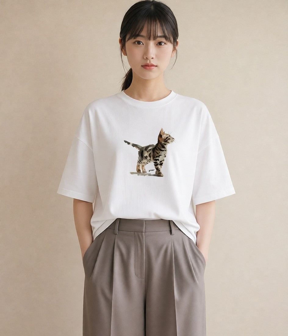デザインTシャツ レディース 猫 ねこ イラスト アート風 海 カフェ巡り 白T