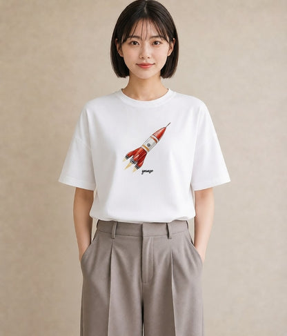 デザインTシャツ レディース ロケット 星空 宇宙 イラスト アート風 女子会 お揃い 白T