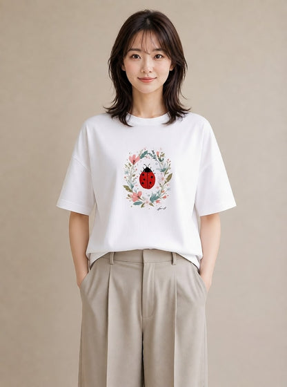 デザインTシャツ レディース てんとう虫 昆虫 虫 イラスト アート風 買い物 夏コーデ 白T