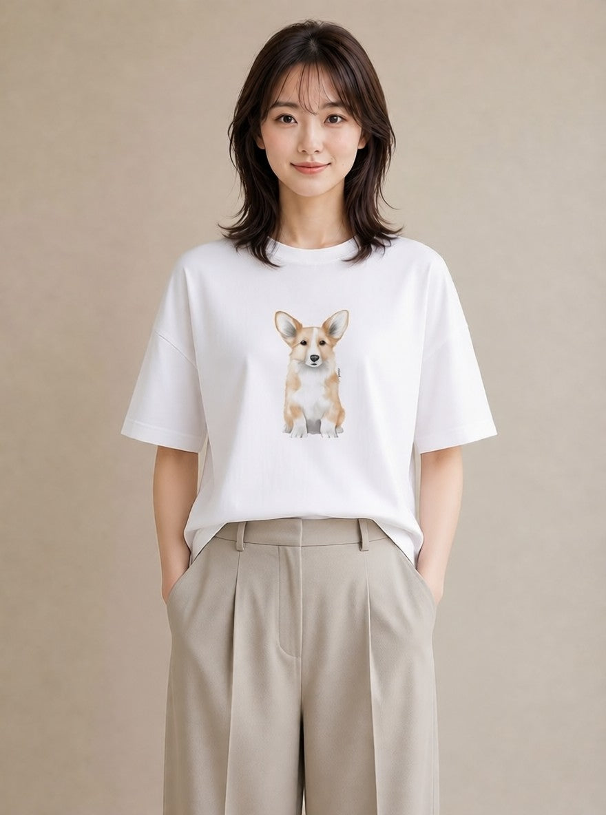 デザインTシャツ レディース ウェルシュコーギー コーギー 犬 いぬ イラスト シック 在宅 公園 白T