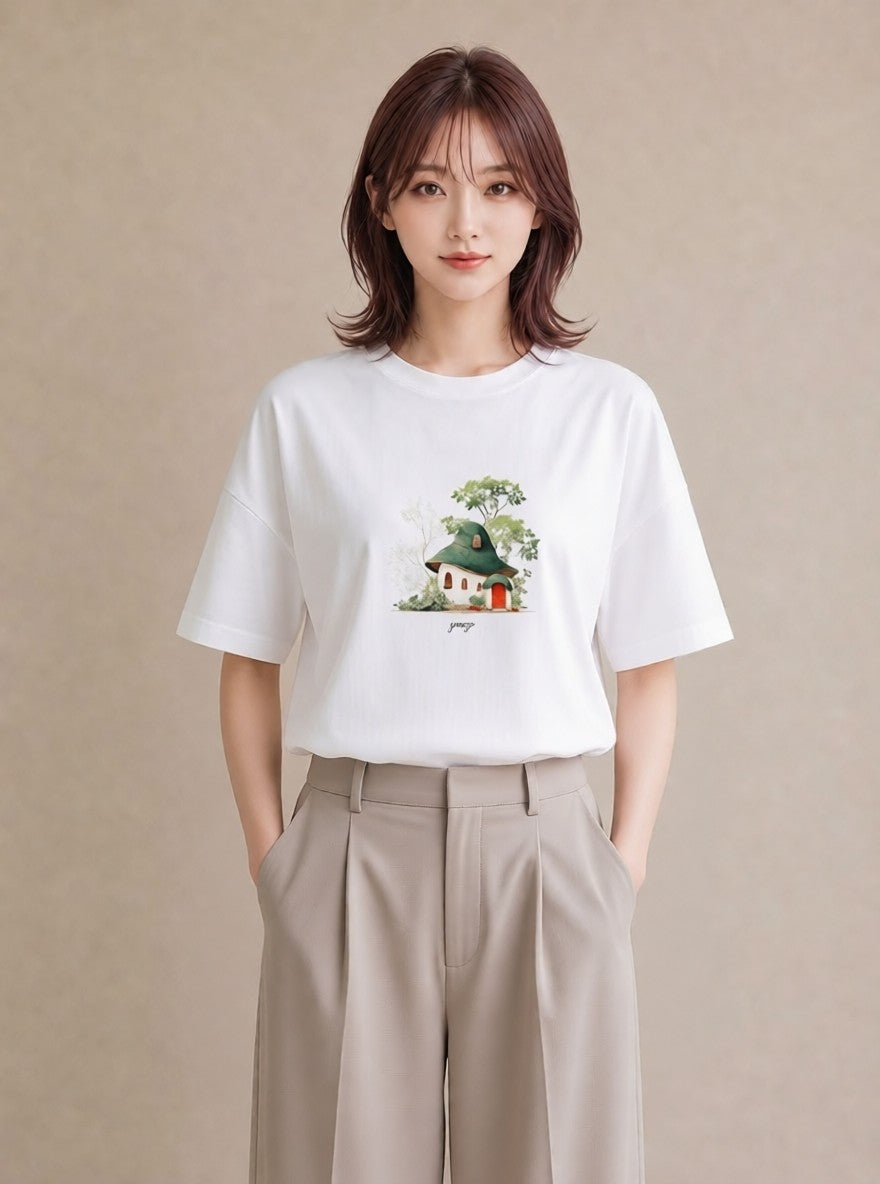 半袖Tシャツ レディース 遠い家と鳥 風景 鳥 ナチュラル アンティーク イラスト カフェコーデ 部屋着 女性向けギフト 白T