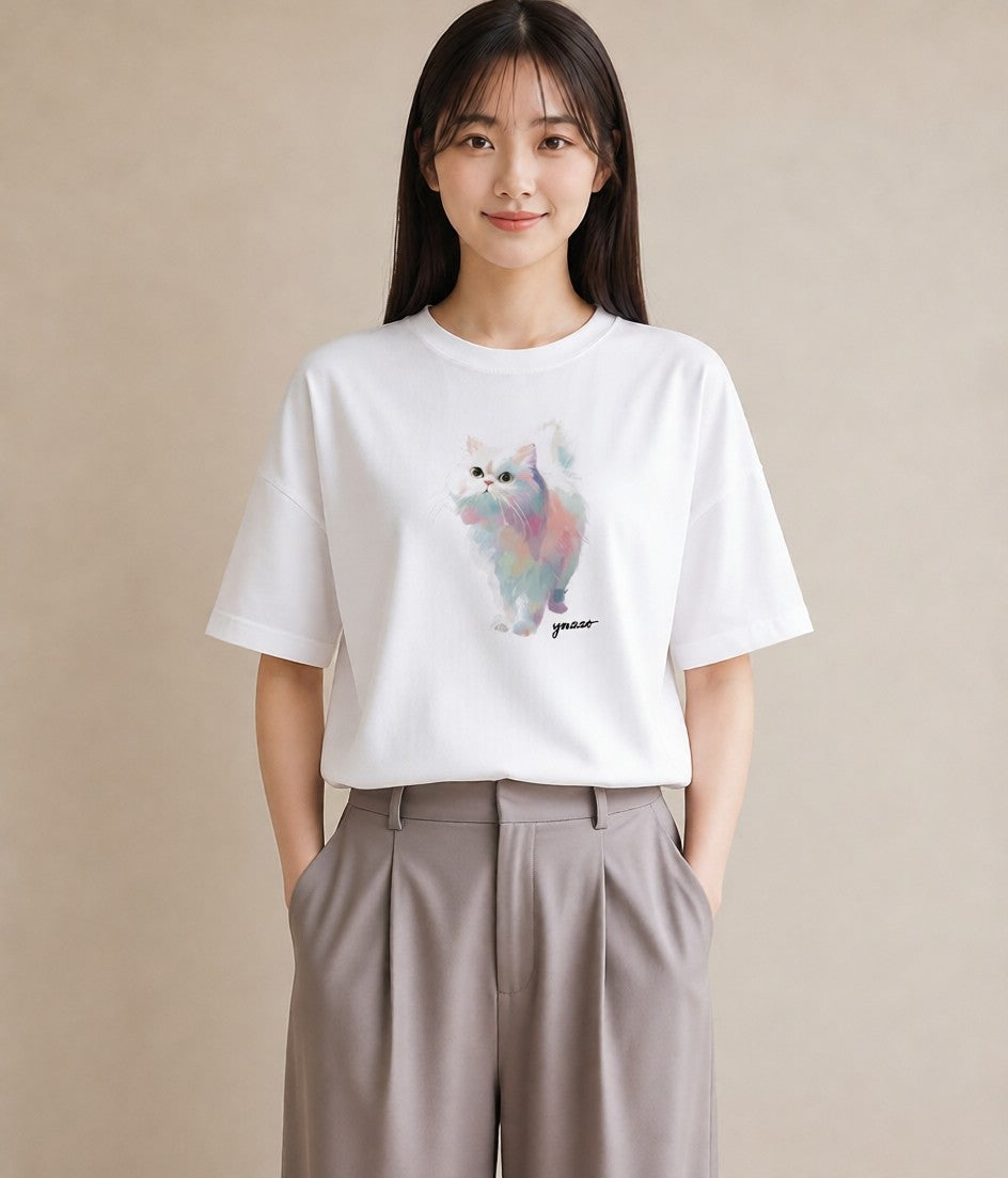 Tシャツ レディース メインクーン 猫 ねこ イラスト 水彩風 20代 カジュアルコーデ 白T